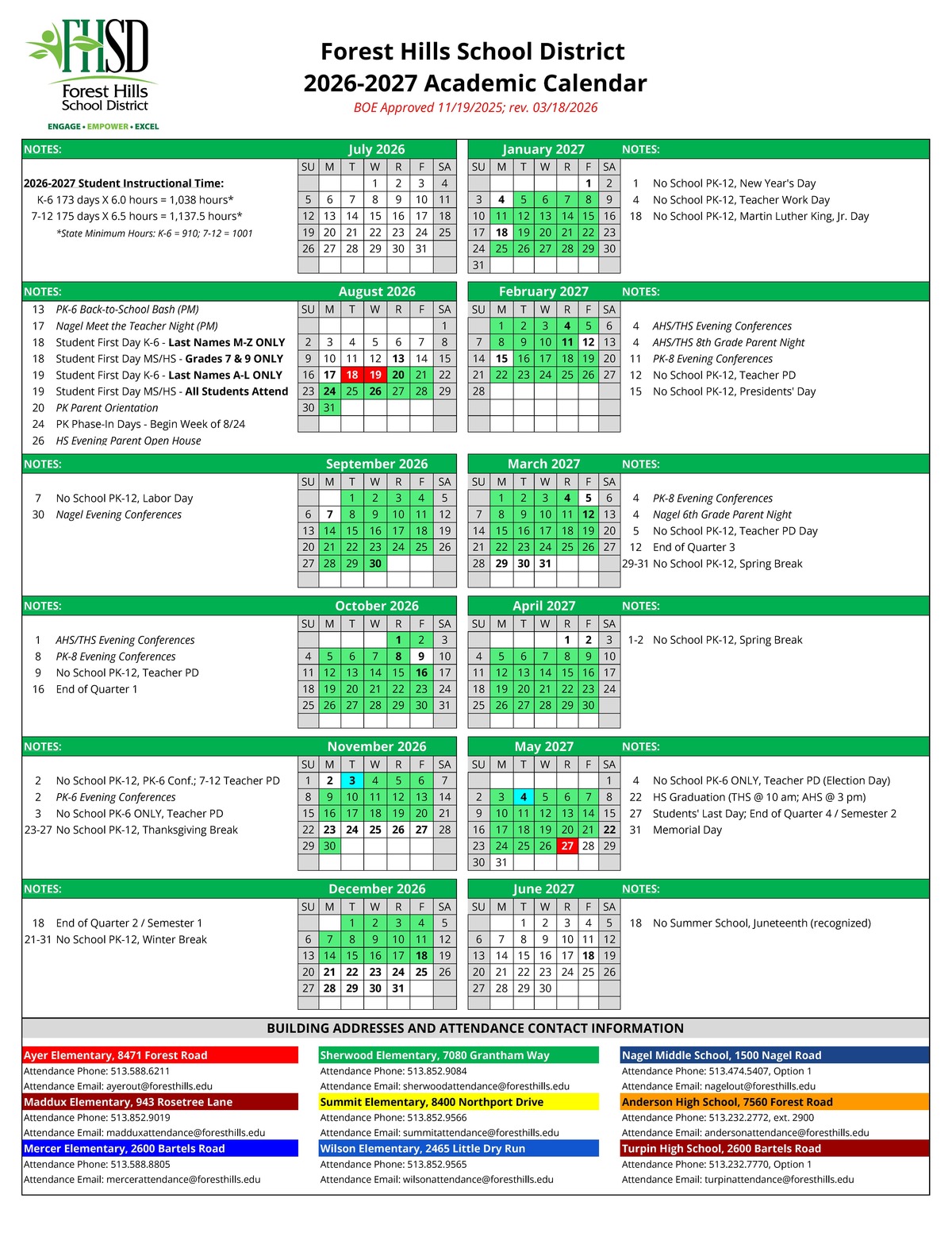 image of FHSD's K-12 Academic calendar 2026-2027